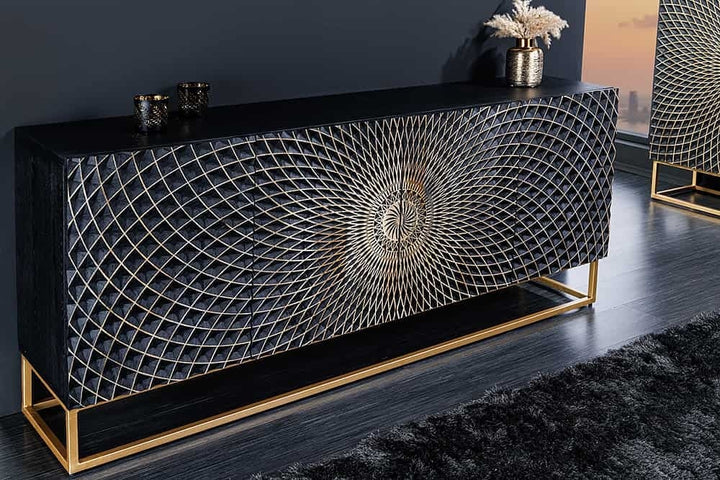 Buffet design ILLUSION 180cm manguier noir bois massif fer doré structure métal - 44320