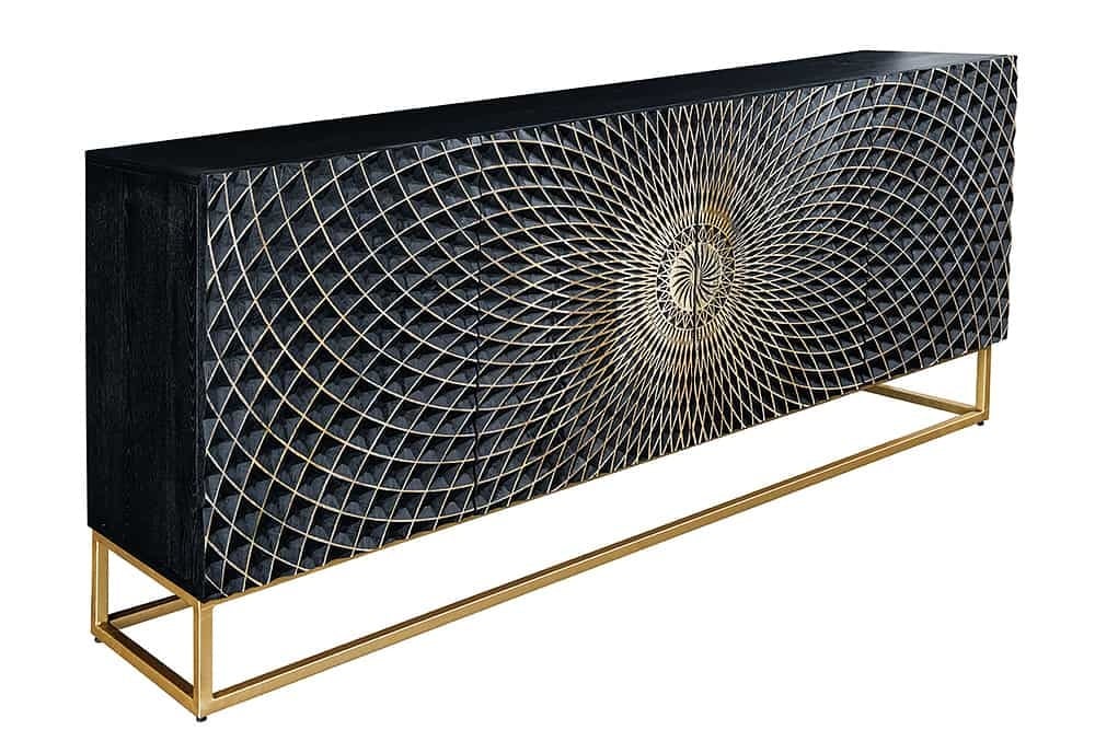Buffet design ILLUSION 180cm manguier noir bois massif fer doré structure métal - 44320