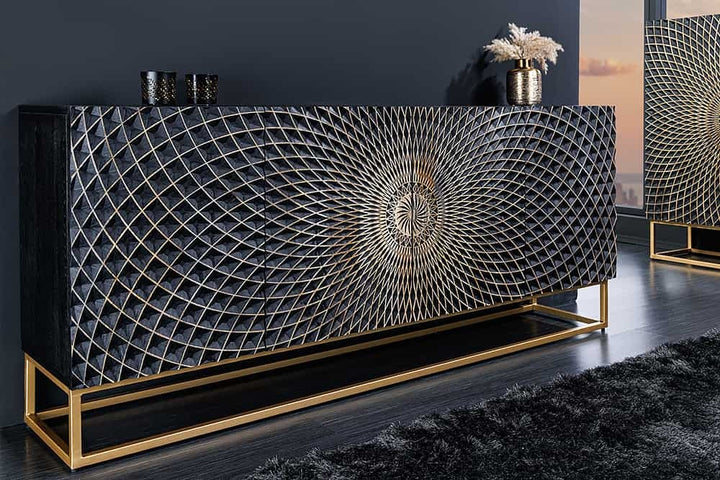 Buffet design ILLUSION 180cm manguier noir bois massif fer doré structure métal - 44320