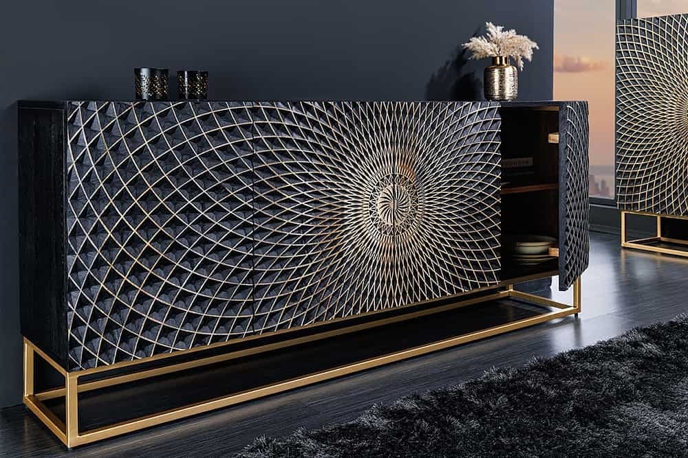 Buffet design ILLUSION 180cm manguier noir bois massif fer doré structure métal - 44320