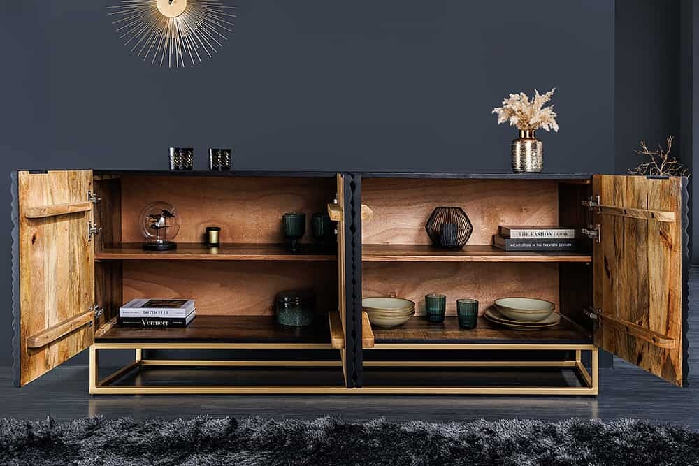 Buffet design ILLUSION 180cm manguier noir bois massif fer doré structure métal - 44320