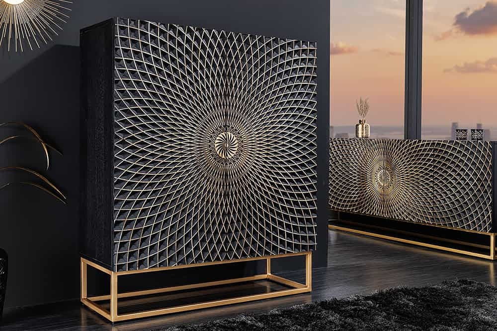 Buffet design ILLUSION 120cm manguier noir bois massif fer doré structure métal - 44321