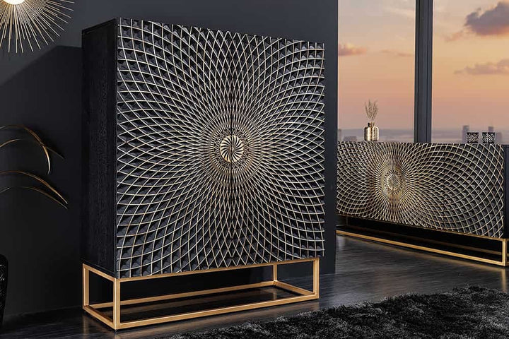 Buffet design ILLUSION 120cm manguier noir bois massif fer doré structure métal - 44321