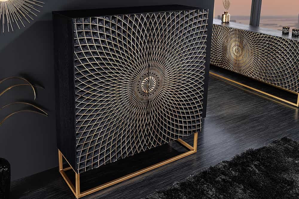 Buffet design ILLUSION 120cm manguier noir bois massif fer doré structure métal - 44321