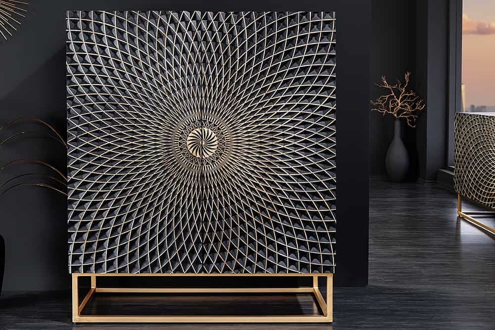 Buffet design ILLUSION 120cm manguier noir bois massif fer doré structure métal - 44321