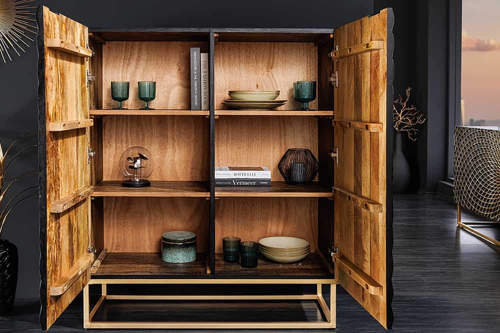Buffet design ILLUSION 120cm manguier noir bois massif fer doré structure métal - 44321