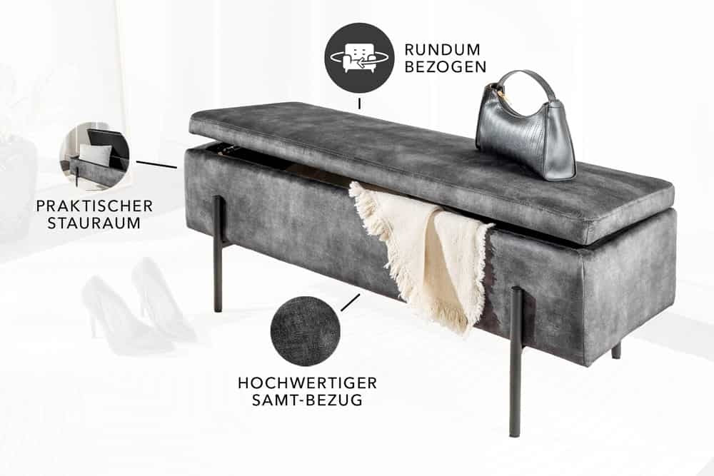 Commode moderne LOFT canapé 100cm en velours gris avec rangements recouvert de métal noir - 44328