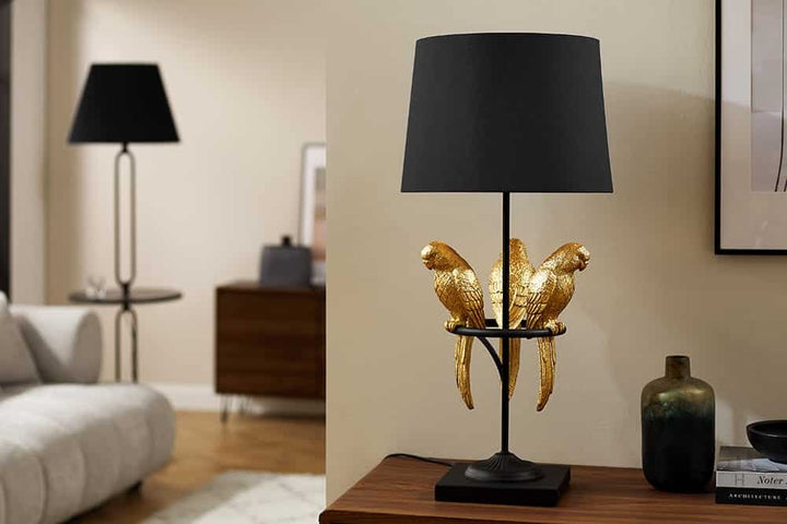 Lampe de table design WILDLIFE 75cm sculptures de perroquets rondes en or noir avec socle en marbre - 44355