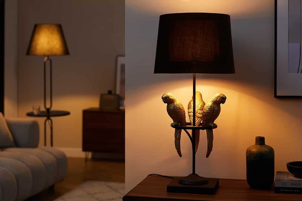 Lampe de table design WILDLIFE 75cm sculptures de perroquets rondes en or noir avec socle en marbre - 44355