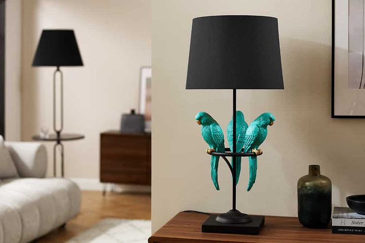 Lampe de table design WILDLIFE 75cm sculptures de perroquets rondes noir turquoise avec socle en marbre - 44356