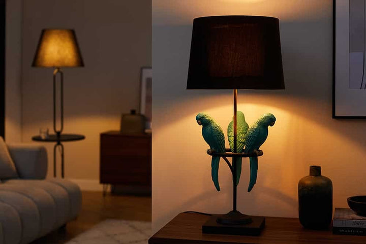 Lampe de table design WILDLIFE 75cm sculptures de perroquets rondes noir turquoise avec socle en marbre - 44356