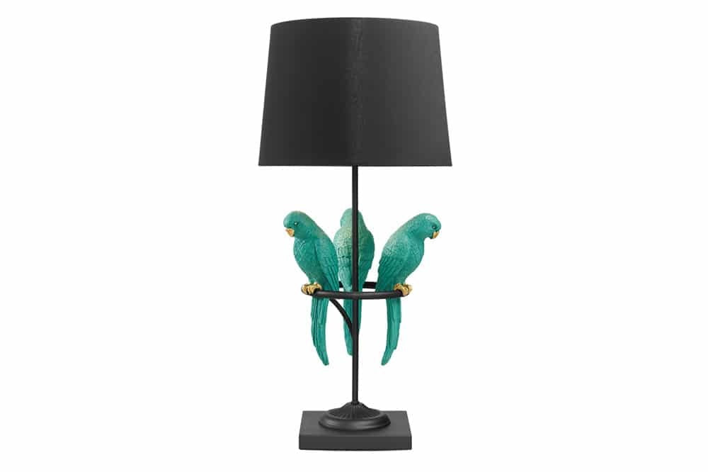 Lampe de table design WILDLIFE 75cm sculptures de perroquets rondes noir turquoise avec socle en marbre - 44356