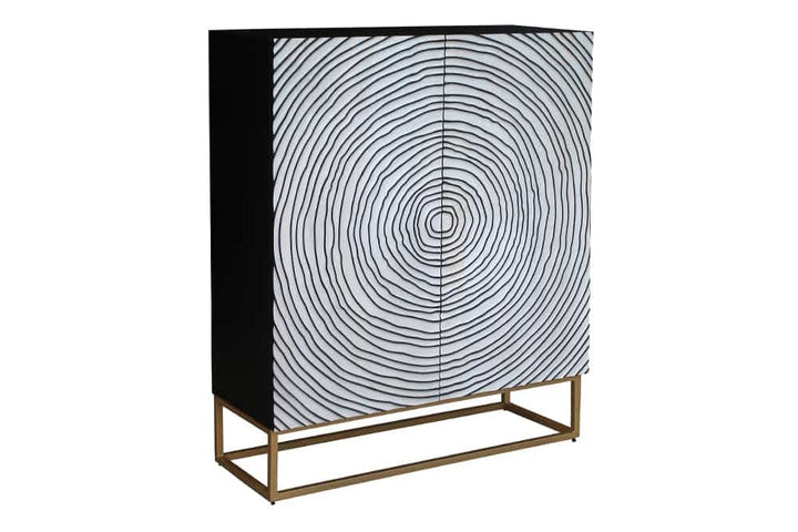 Buffet en bois massif ZEN CIRCLES 120cm blanc noir manguier design 3D métal doré - 44492