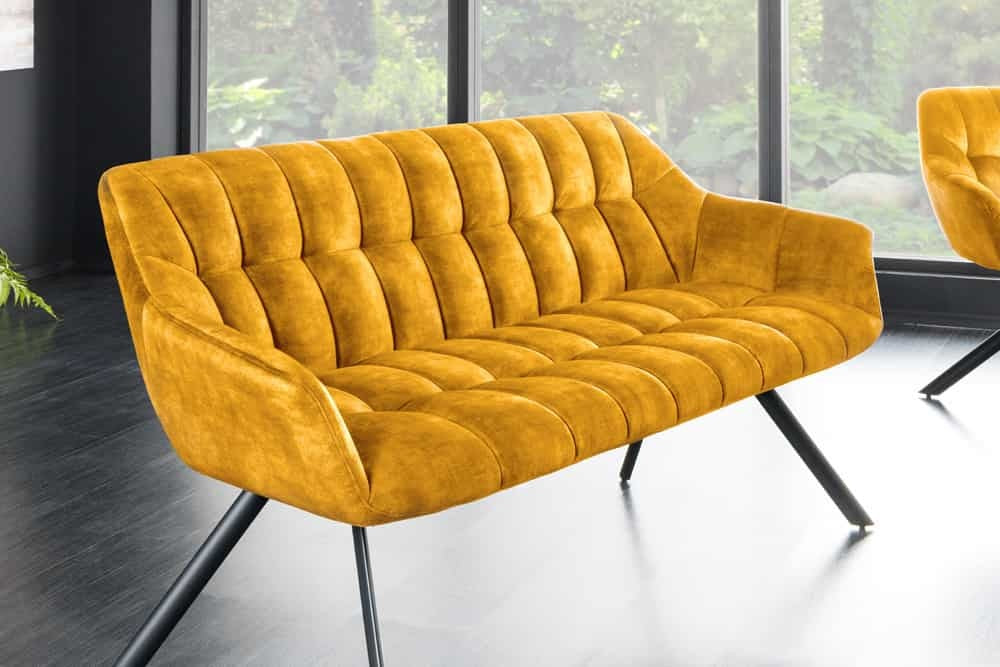 Canapé de salle à manger PAPILLON 165cm velours jaune moutarde avec dossier structure métal noir - 44527