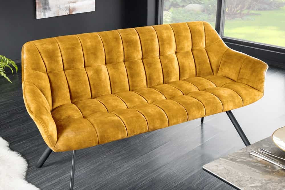 Canapé de salle à manger PAPILLON 165cm velours jaune moutarde avec dossier structure métal noir - 44527