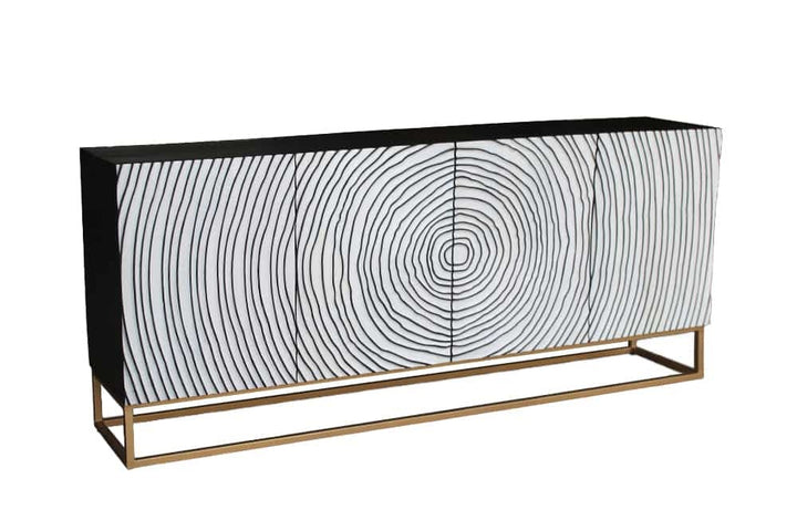 Buffet massif ZEN CIRCLES 180cm blanc noir doré bois de manguier design 3D - 44578