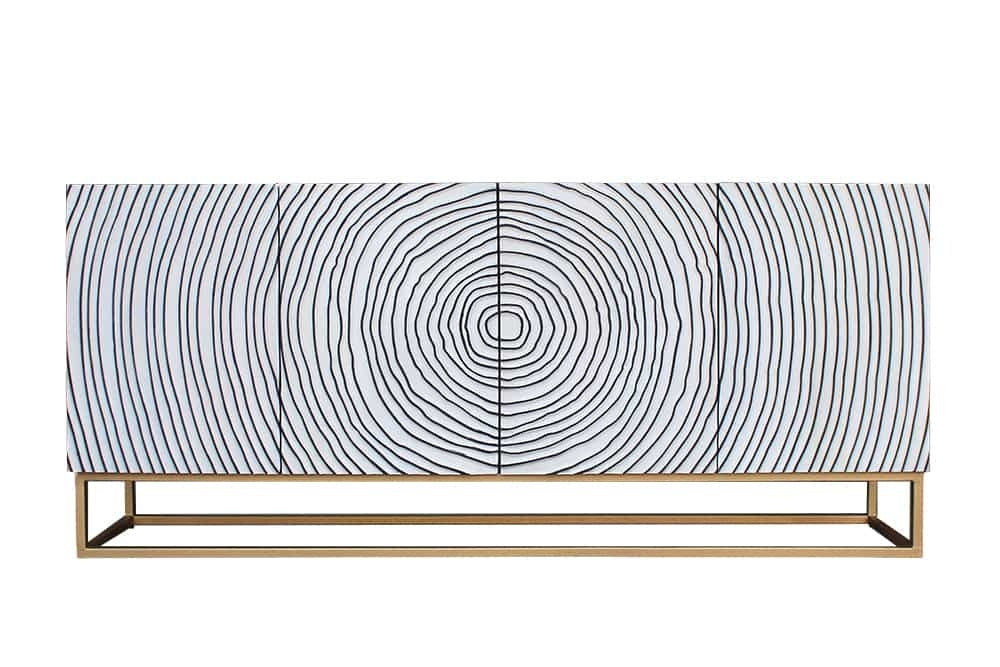 Buffet massif ZEN CIRCLES 180cm blanc noir doré bois de manguier design 3D - 44578