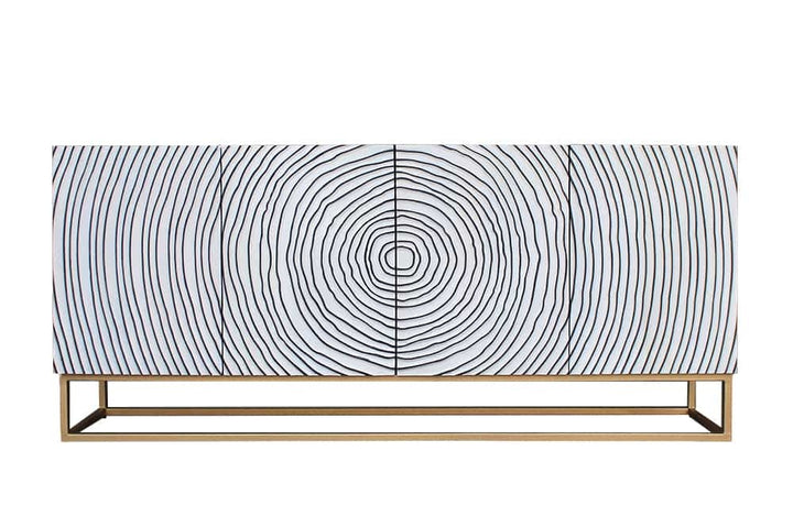 Buffet massif ZEN CIRCLES 180cm blanc noir doré bois de manguier design 3D - 44578
