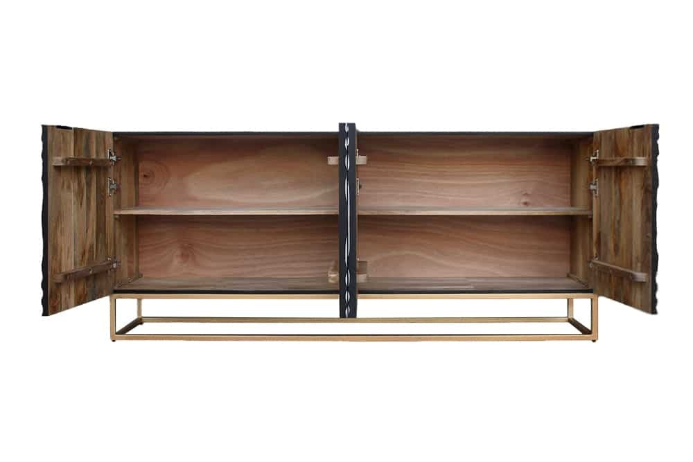 Buffet massif ZEN CIRCLES 180cm blanc noir doré bois de manguier design 3D - 44578