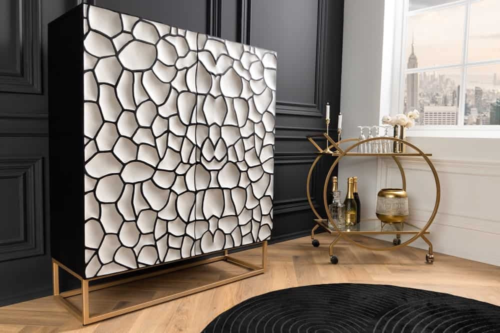 Buffet en bois massif VULCANO 120cm blanc noir manguier structure métal doré fait main - 44645