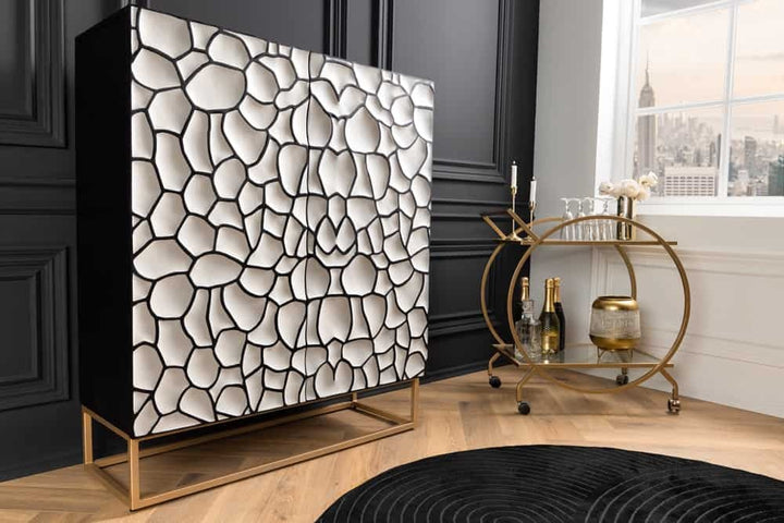 Buffet en bois massif VULCANO 120cm blanc noir manguier structure métal doré fait main - 44645