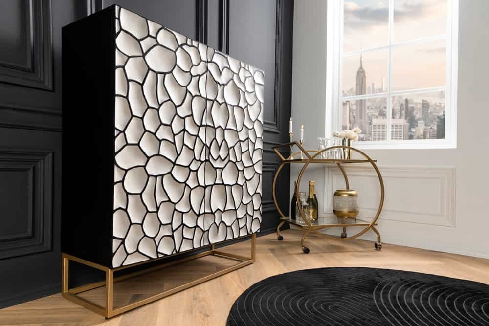 Buffet en bois massif VULCANO 120cm blanc noir manguier structure métal doré fait main - 44645