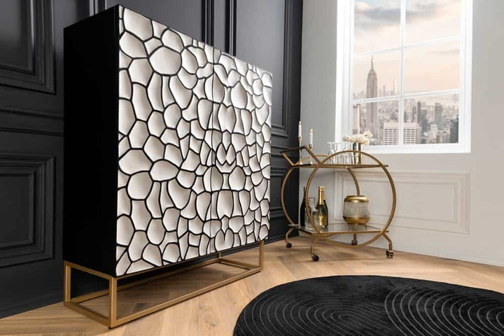 Buffet en bois massif VULCANO 120cm blanc noir manguier structure métal doré fait main - 44645