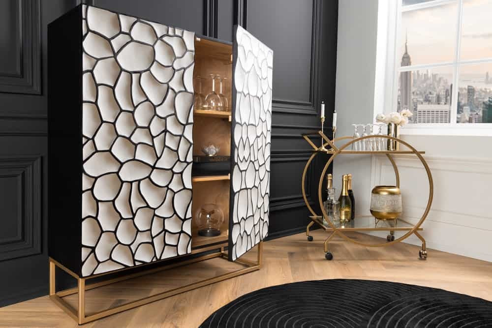 Buffet en bois massif VULCANO 120cm blanc noir manguier structure métal doré fait main - 44645