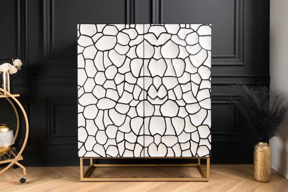 Buffet en bois massif VULCANO 120cm blanc noir manguier structure métal doré fait main - 44645