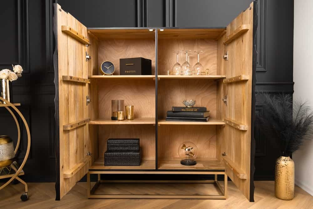 Buffet en bois massif VULCANO 120cm blanc noir manguier structure métal doré fait main - 44645