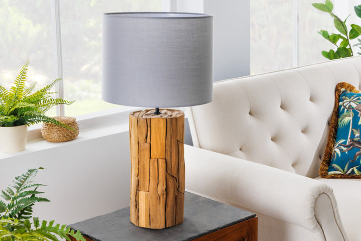 Lampe de table design ROOTS 60cm bois flotté lin abat-jour gris fait main - 39727