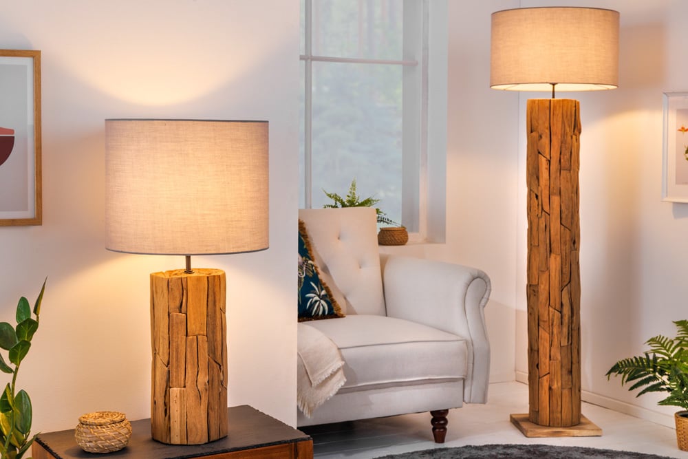 Lampe de table design ROOTS 60cm bois flotté lin abat-jour gris fait main - 39727