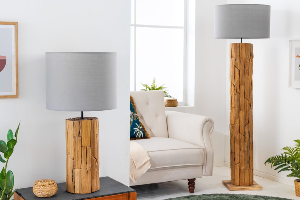 Lampe de table design ROOTS 60cm bois flotté lin abat-jour gris fait main - 39727