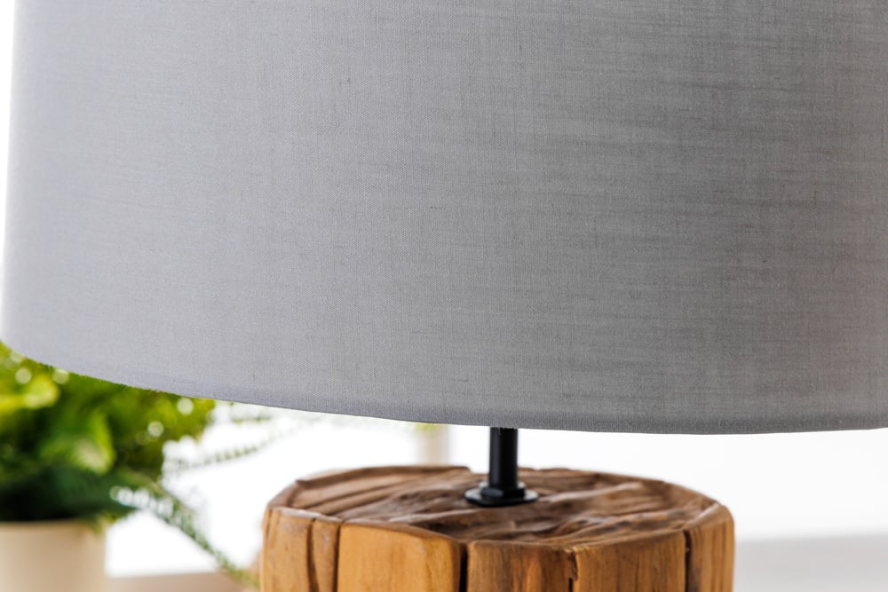 Lampe de table design ROOTS 60cm bois flotté lin abat-jour gris fait main - 39727