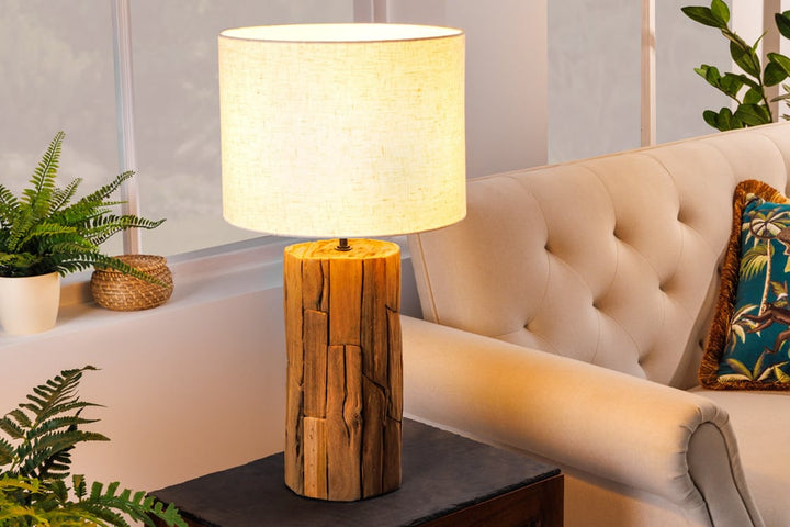 Lampe de table design ROOTS 60cm bois flotté abat-jour lin beige fait main - 39728