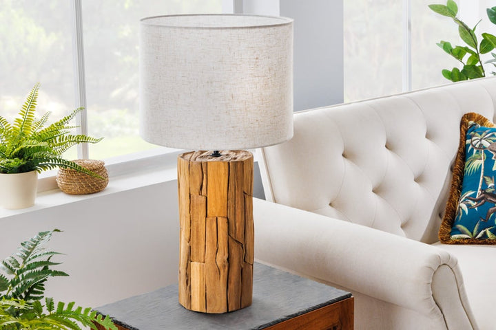 Lampe de table design ROOTS 60cm bois flotté abat-jour lin beige fait main - 39728