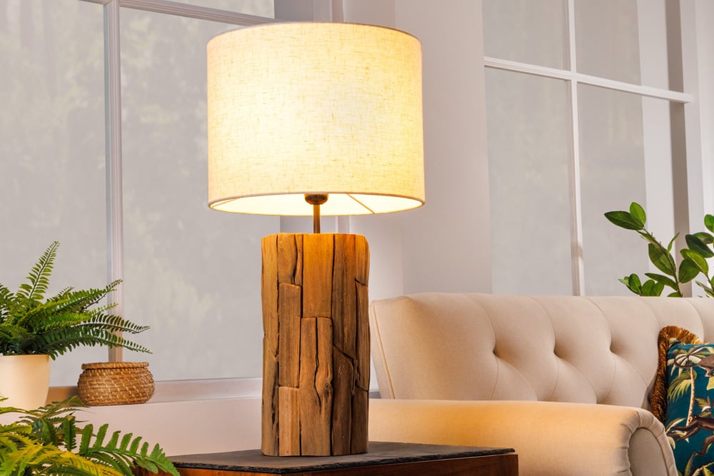 Lampe de table design ROOTS 60cm bois flotté abat-jour lin beige fait main - 39728