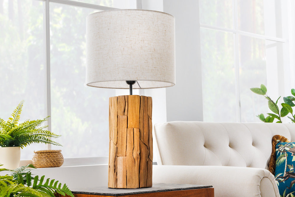 Lampe de table design ROOTS 60cm bois flotté abat-jour lin beige fait main - 39728