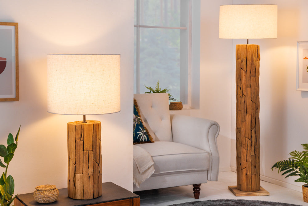 Lampe de table design ROOTS 60cm bois flotté abat-jour lin beige fait main - 39728