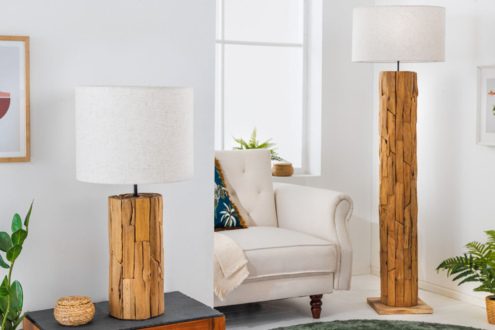 Lampe de table design ROOTS 60cm bois flotté abat-jour lin beige fait main - 39728