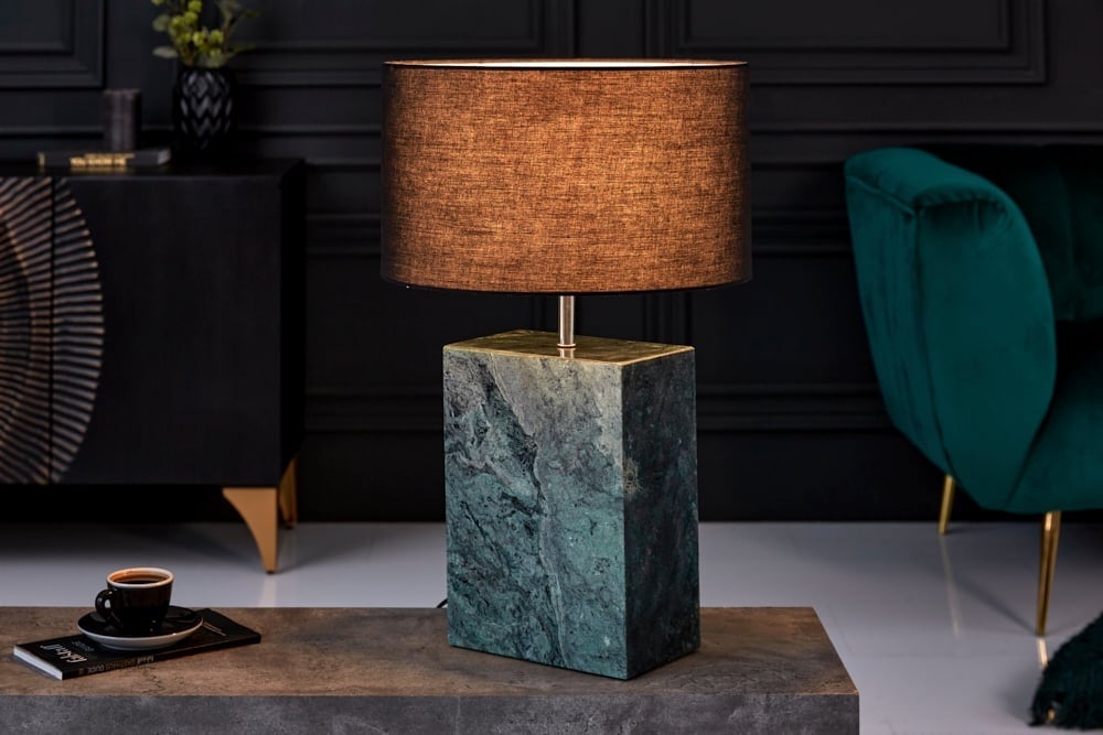 Lampe de table design NOBLE 55cm socle marbre vert abat-jour tissu - 40902