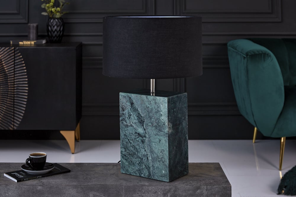 Lampe de table design NOBLE 55cm socle marbre vert abat-jour tissu - 40902