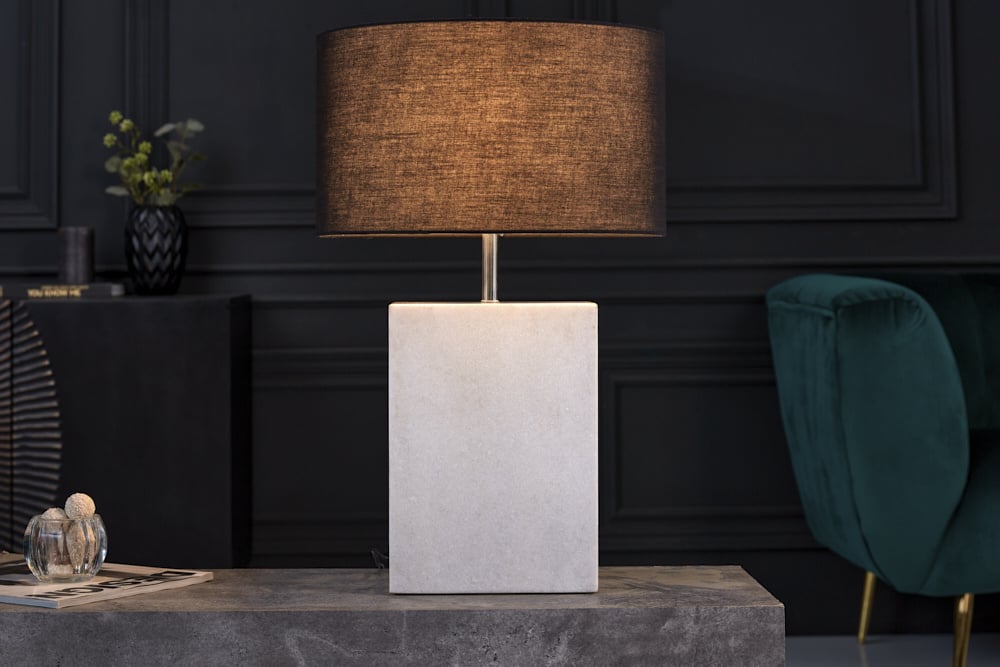 Lampe de table design NOBLE 55cm pied en marbre blanc abat-jour en tissu - 40903