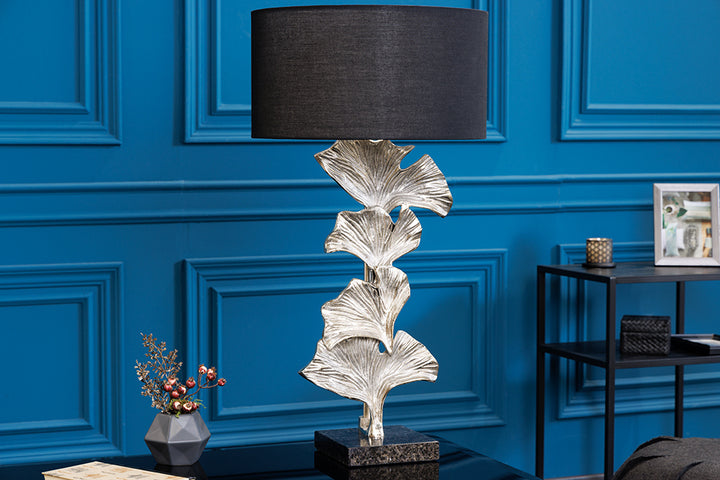 Lampe de table design GINKGO 70cm abat-jour en tissu noir métal argenté socle en marbre fait main - 41693