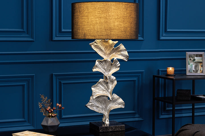 Lampe de table design GINKGO 70cm abat-jour en tissu noir métal argenté socle en marbre fait main - 41693