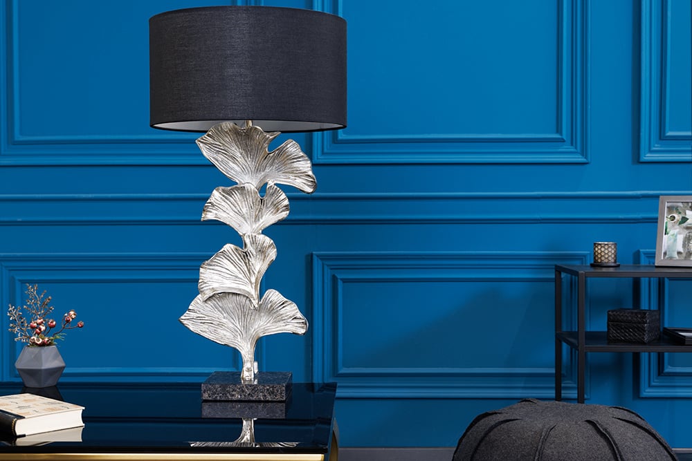 Lampe de table design GINKGO 70cm abat-jour en tissu noir métal argenté socle en marbre fait main - 41693