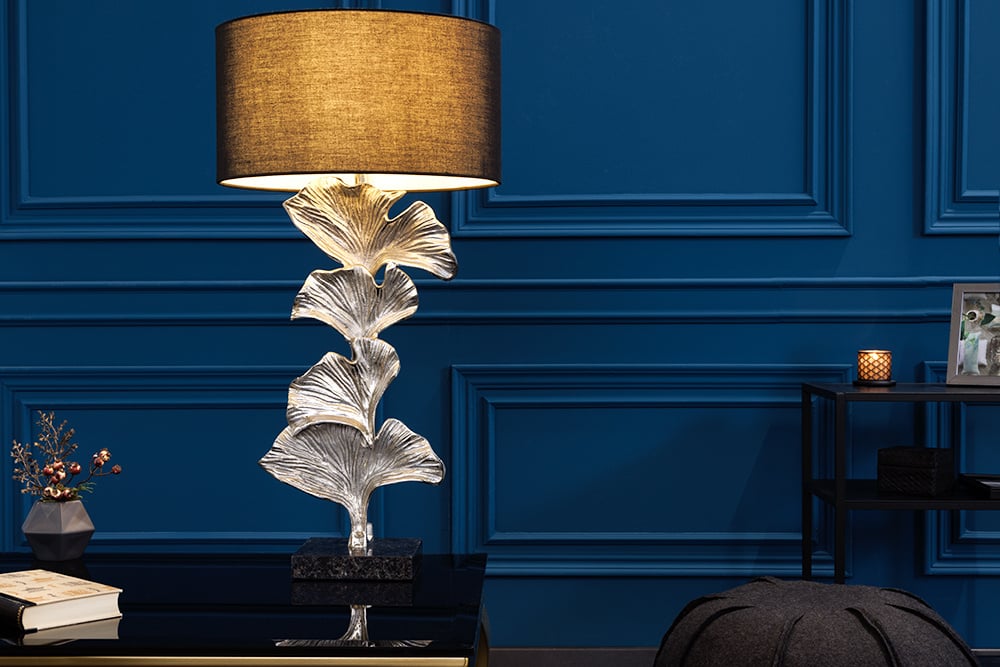 Lampe de table design GINKGO 70cm abat-jour en tissu noir métal argenté socle en marbre fait main - 41693