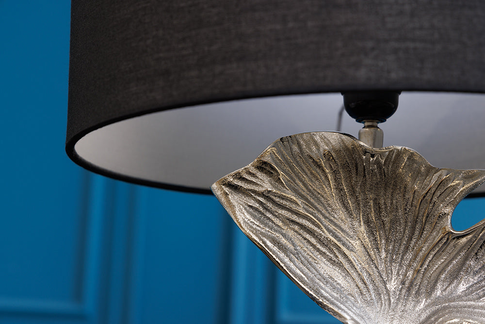 Lampe de table design GINKGO 70cm abat-jour en tissu noir métal argenté socle en marbre fait main - 41693
