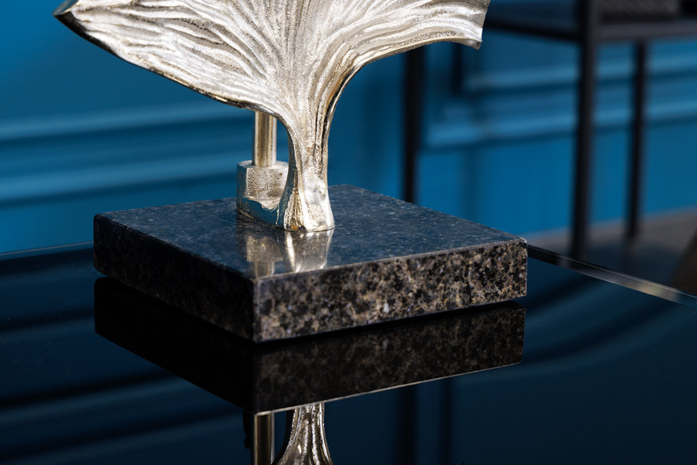 Lampe de table design GINKGO 70cm abat-jour en tissu noir métal argenté socle en marbre fait main - 41693