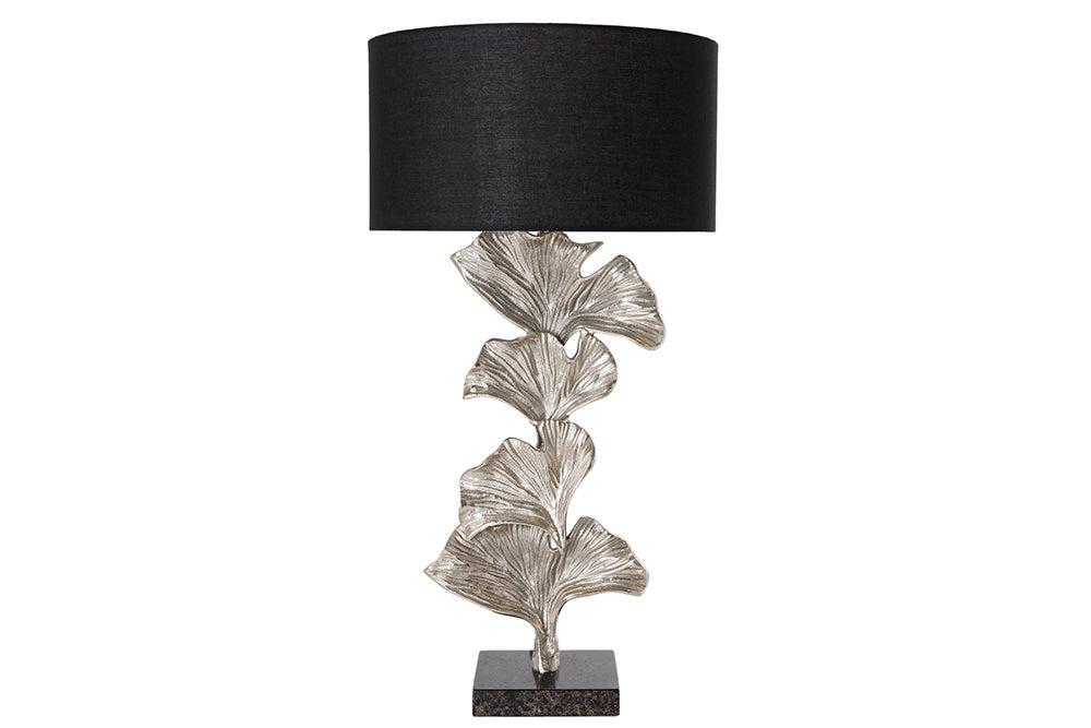 Lampe de table design GINKGO 70cm abat-jour en tissu noir métal argenté socle en marbre fait main - 41693